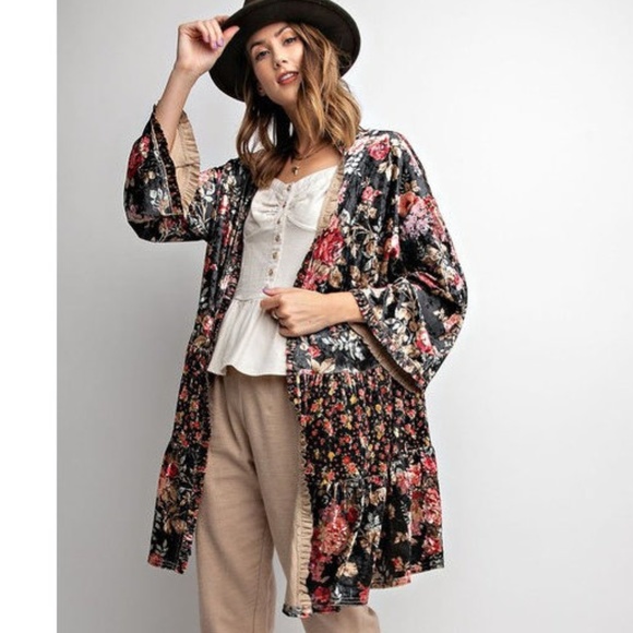 Boho Gypsy Black Floral Kimono Cardigan Tunic - Picture 7 of 8